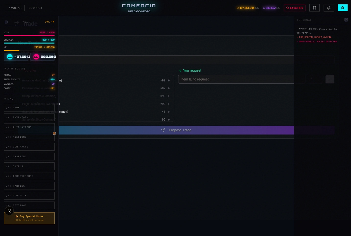 Trade screen